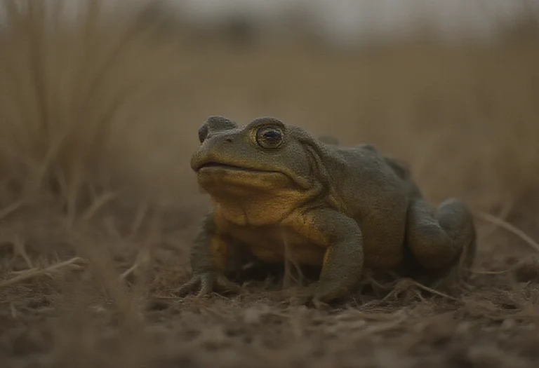 AI-generated image of a large African bullfrog crouched in dry savanna grass at dusk