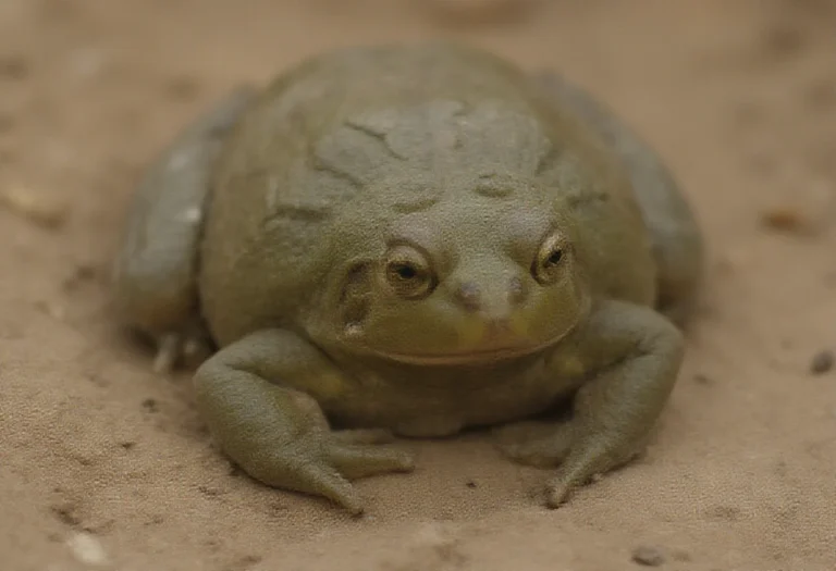 AI-generated image of an olive green African bullfrog half buried in damp sand