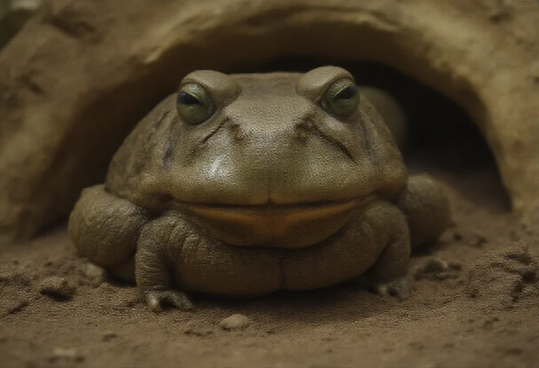 AI-generated image of an olive African bullfrog in a terrarium with a cork bark hide