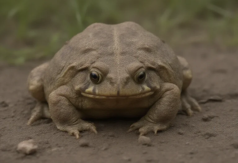 AI-generated image of a large African bullfrog with a wide head on damp soil