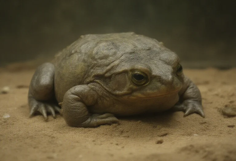 AI-generated image of a large olive African bullfrog resting on damp sandy soil