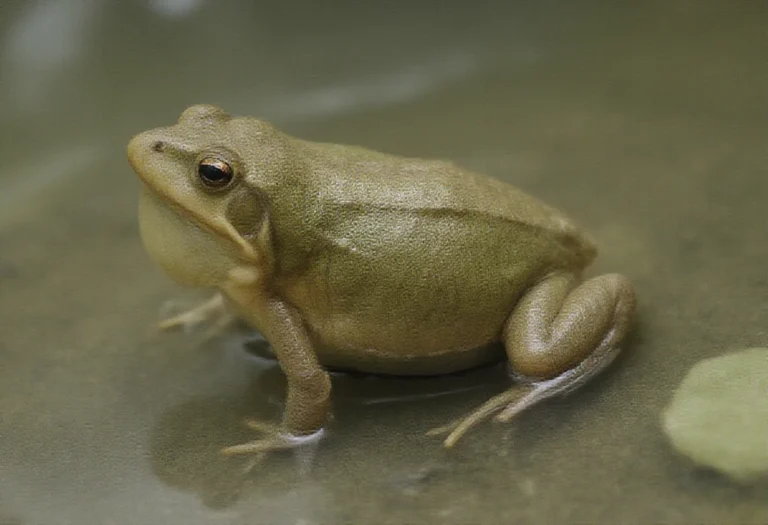 AI-generated image of an African bullfrog with a yellow throat in shallow water