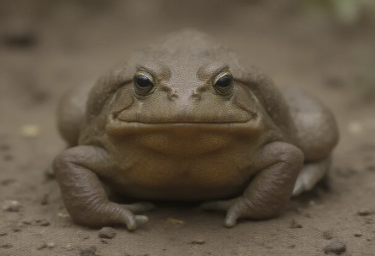 AI-generated image of an olive green bumpy-skinned African pixie frog on damp soil
