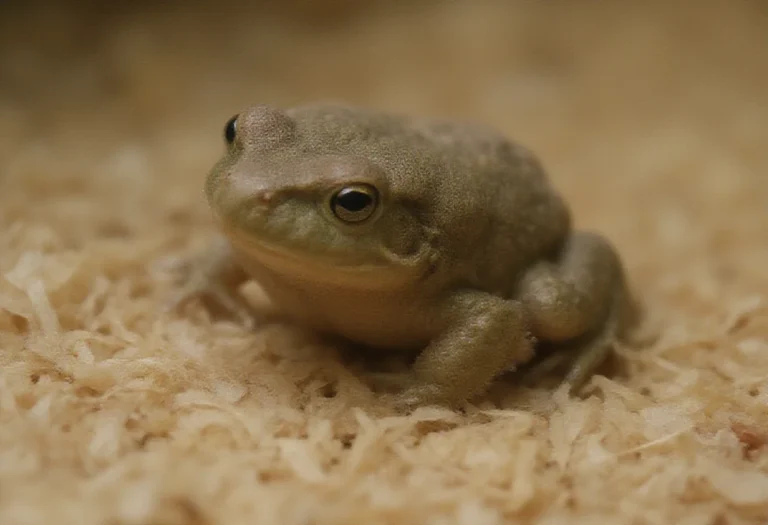 AI-generated image of a small olive brown African bullfrog froglet on damp substrate