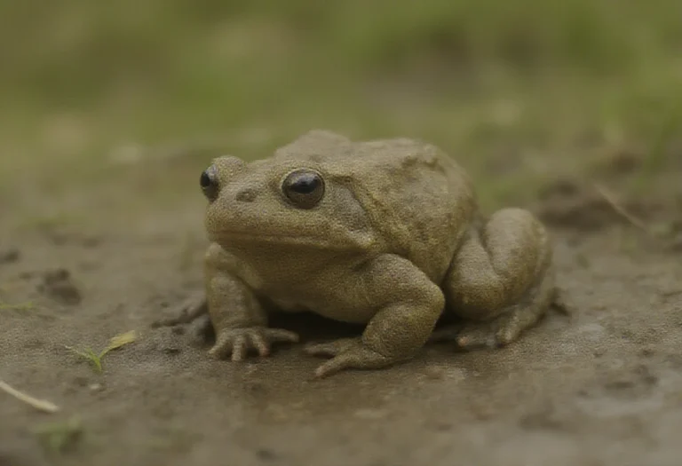 AI-generated image of a mottled olive brown frog sitting on damp ground in grassland
