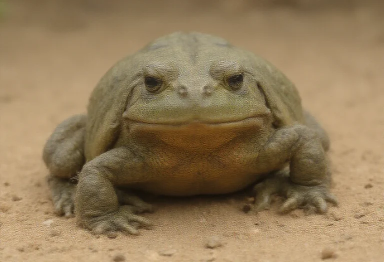 AI-generated image of a huge olive green African bullfrog on sandy savanna soil