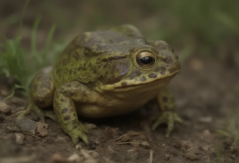 AI-generated image of a green and brown horned frog half buried in leaf litter