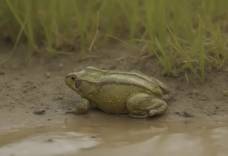 AI-generated image of an African bullfrog sitting at the edge of a muddy pool