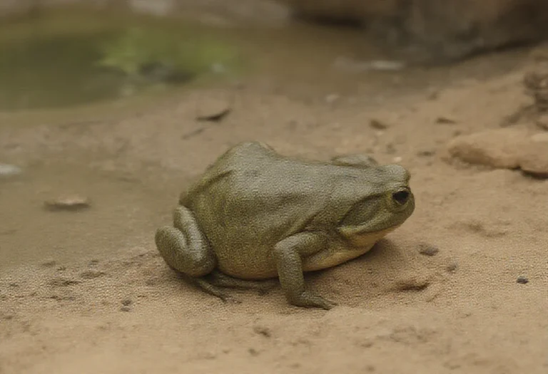 AI-generated image of a large African bullfrog on damp sandy soil beside a pool