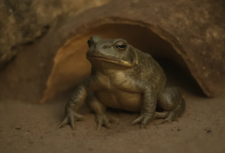AI-generated image of an alert African bullfrog on damp substrate in a terrarium