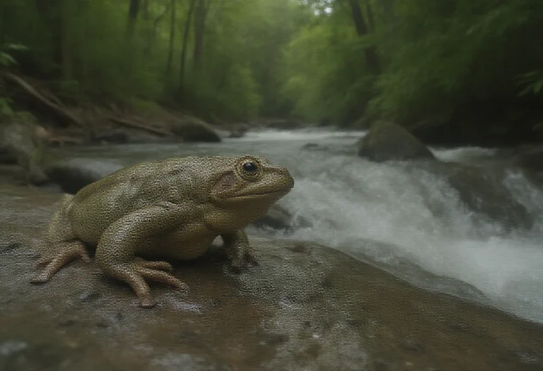 AI-generated image of a large frog on a wet rock beside a rainforest river
