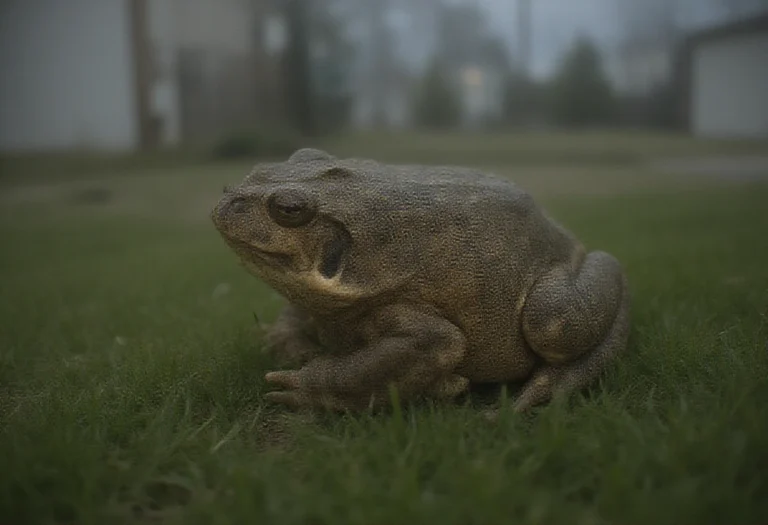 AI-generated image of a large cane toad on a lawn at dusk