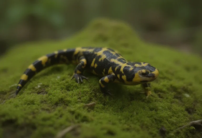AI-generated image of a black and yellow fire salamander on wet moss