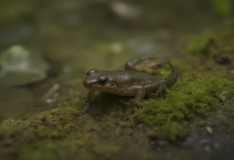 AI-generated image of a rough-skinned newt on wet moss beside a pond