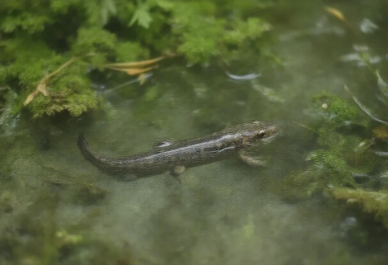 AI-generated image of a newt swimming near the bottom of a clear garden pond with plants