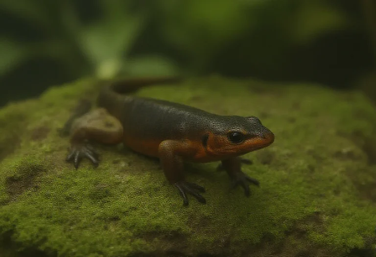 AI-generated image of a dark newt with an orange belly on a mossy rock in a planted aquarium