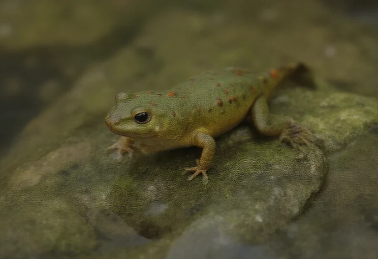 AI-generated image of an olive green newt with red spots on a mossy rock in a pond