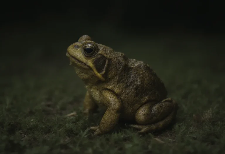 AI-generated image of a cane toad on a wet lawn at night