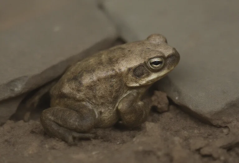 AI-generated image of an American toad on garden soil beside a stone