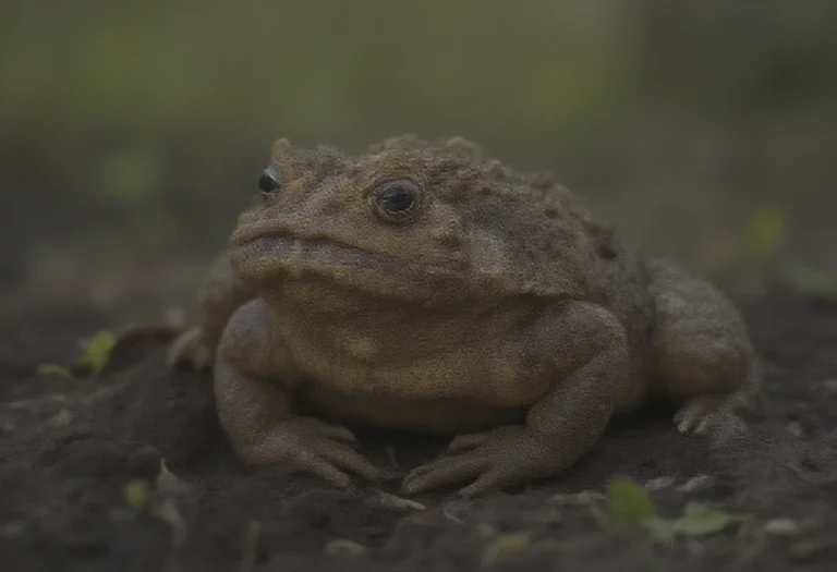 AI-generated image of a toad on damp garden soil at dusk