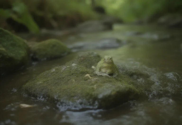 AI-generated image of a small green frog on a wet mossy rock beside a forest stream