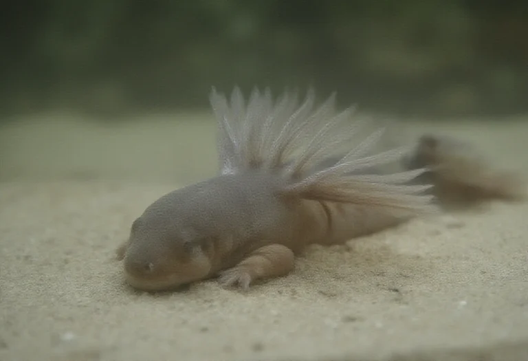 AI-generated image of an axolotl in an aquarium with feathery external gills