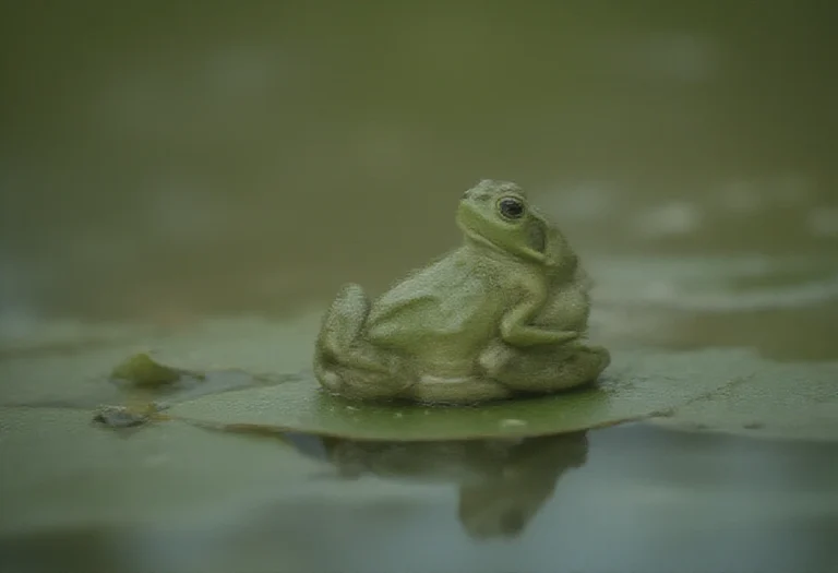 AI-generated image of a green frog on a lily pad in a calm pond
