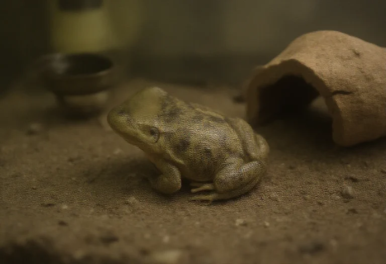 AI-generated image of an African bullfrog resting in a terrarium beside a cork hide