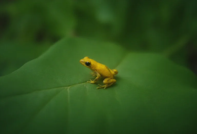 AI-generated image of a bright yellow poison dart frog on a green leaf