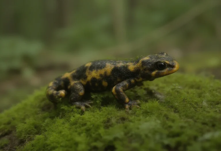 AI-generated image of a fire salamander on wet green moss in a forest