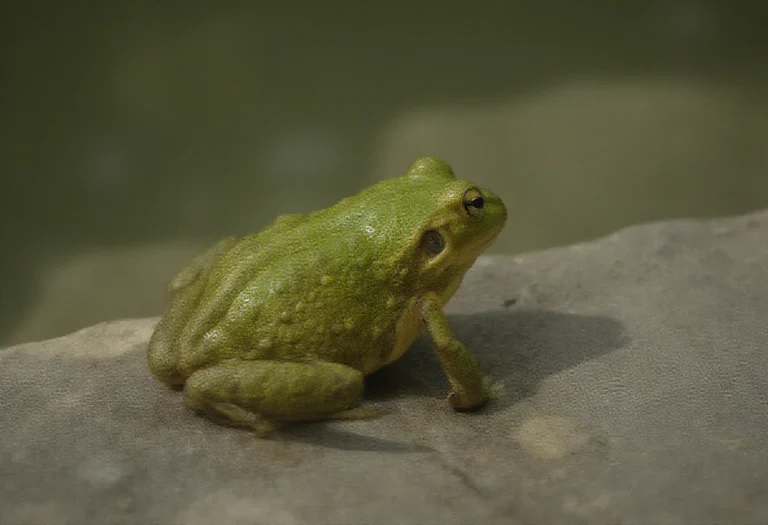 AI-generated image of a green frog basking on a sunlit rock beside a pond