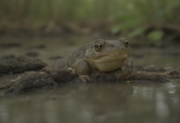 AI-generated image of a small frog sitting on mangrove roots beside a tidal estuary