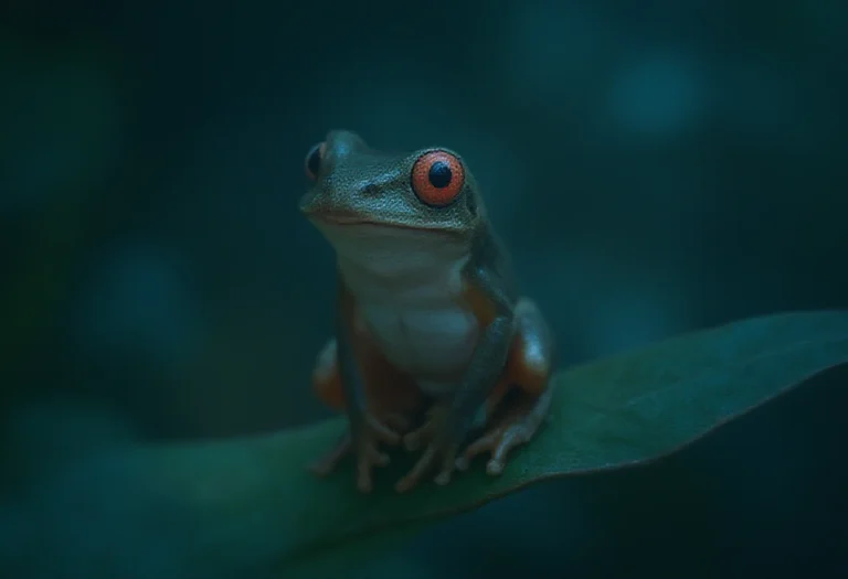 AI-generated image of a red-eyed tree frog on a leaf at night