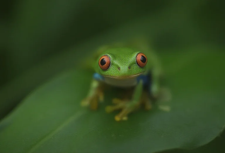 AI-generated image of a red-eyed tree frog on a leaf beside a rainforest pond
