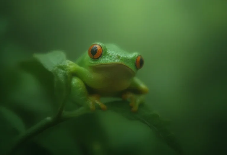 AI-generated image of a red-eyed tree frog on a leaf in lush rainforest