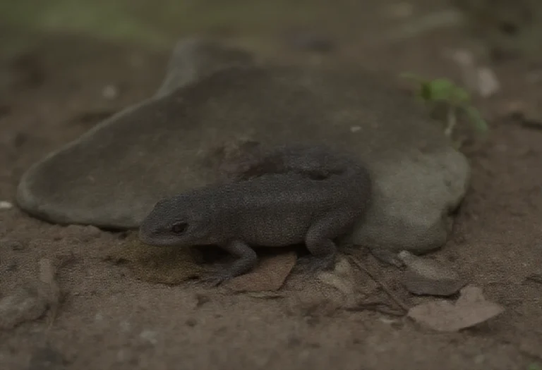 AI-generated image of a small dark salamander on wet leaves beside a flat rock