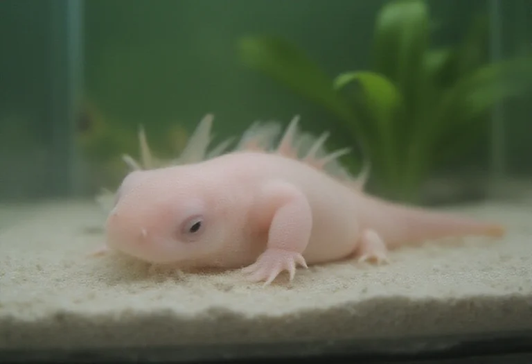 AI-generated image of a pale pink axolotl in a clean glass aquarium