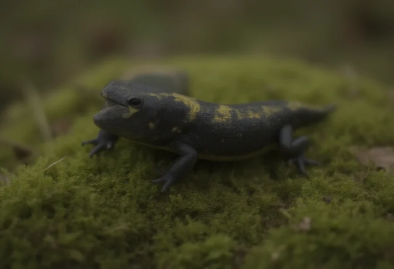 AI-generated image of a black salamander with yellow spots on damp moss