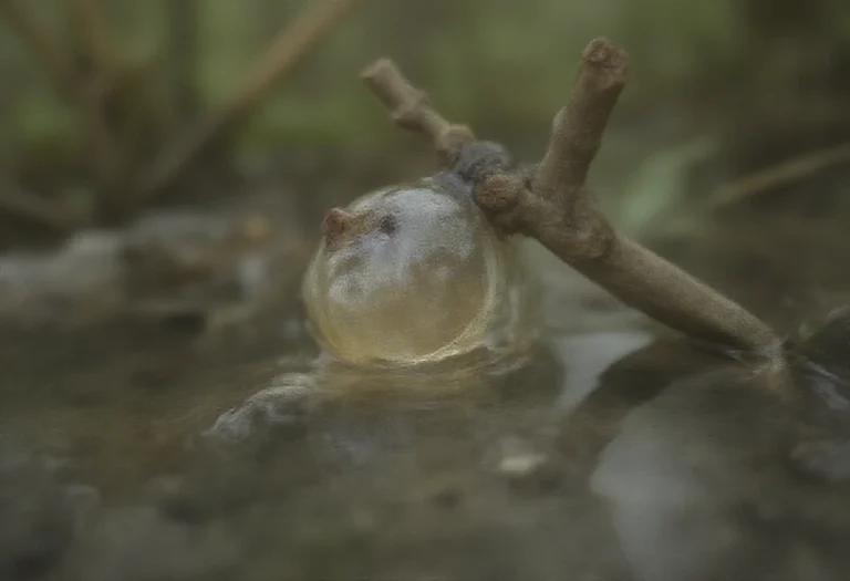AI-generated image of a clear jelly egg mass on a submerged twig in a woodland pool
