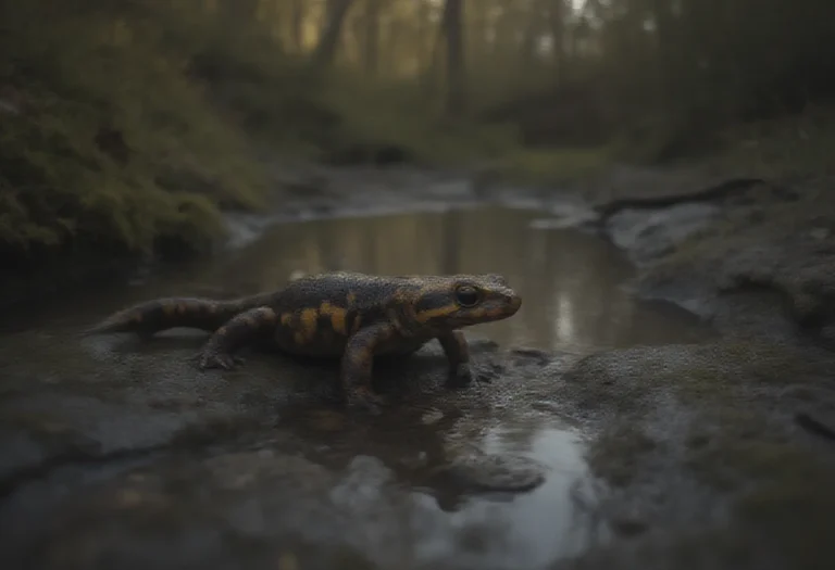 AI-generated image of a dark salamander with yellow spots at the edge of a woodland pool