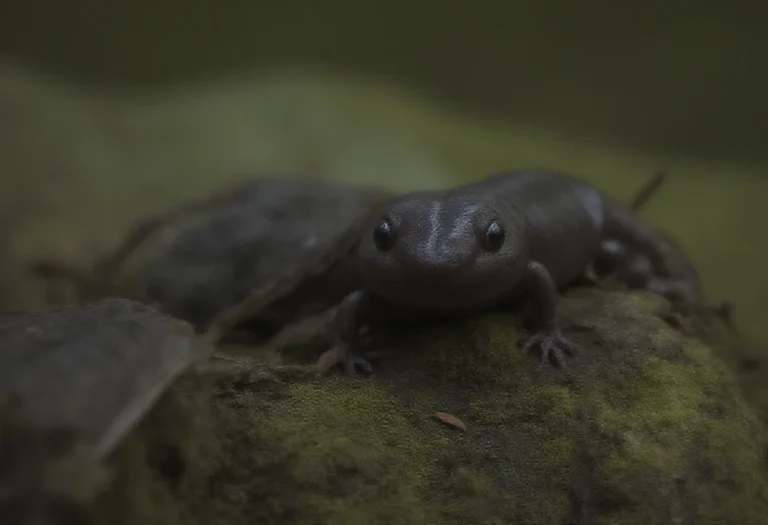 AI-generated image of a dark salamander on a damp mossy log