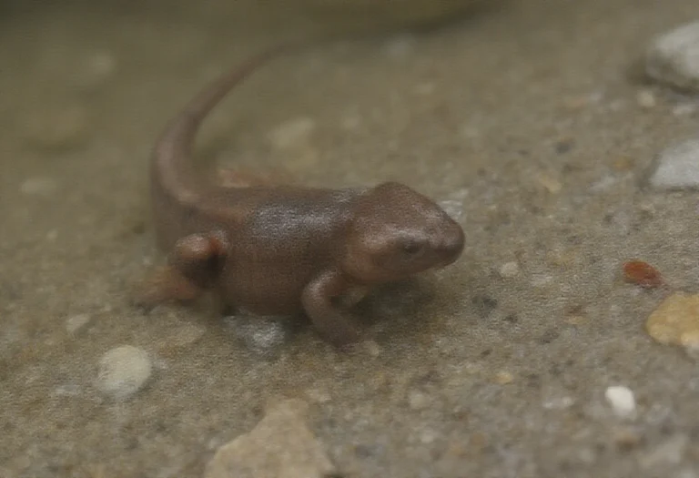 AI-generated image of a single mudpuppy salamander in clear stream water near a gravel bottom.