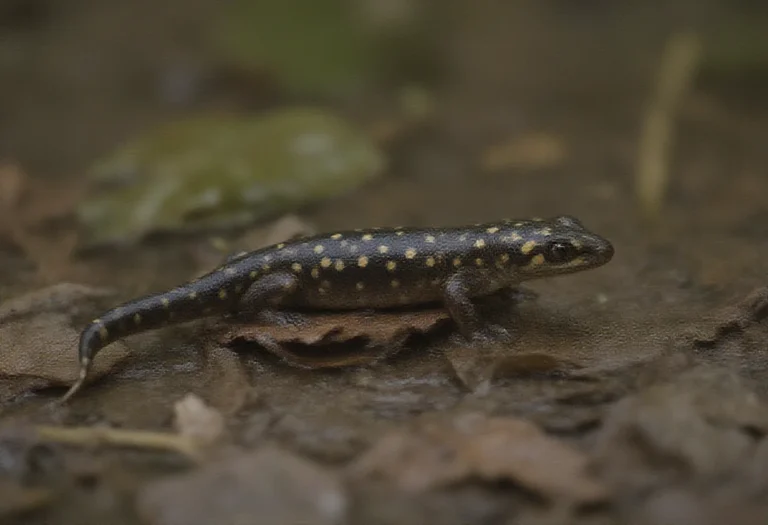 AI-generated image of a salamander on wet leaf litter