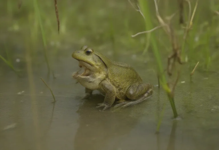 AI-generated image of a single green frog at the edge of a pond