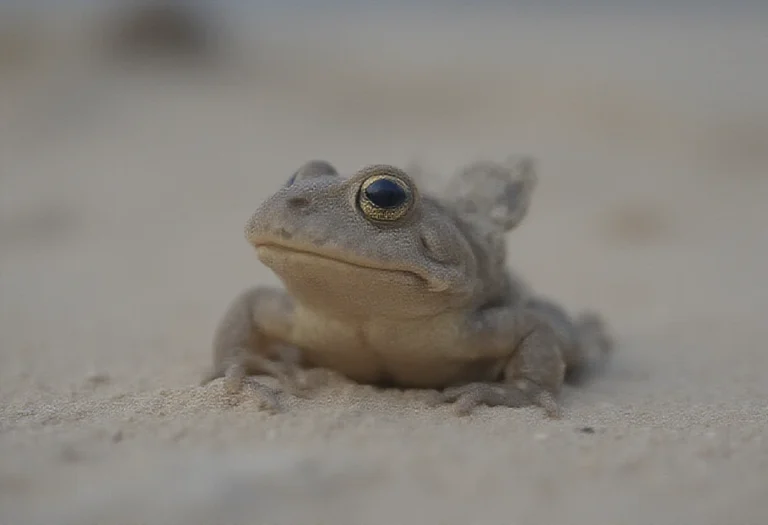 AI-generated image of a single small plump frog on pale sand