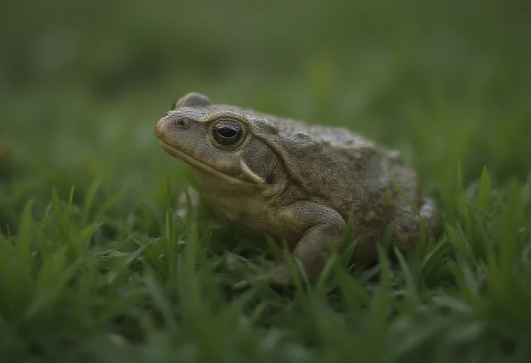 AI-generated image of a single large toad sitting on wet grass at dusk