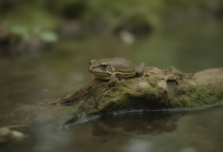 AI-generated image of a single brown frog on a mossy log by a pool
