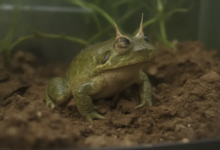AI-generated image of a single horned frog half buried in soil