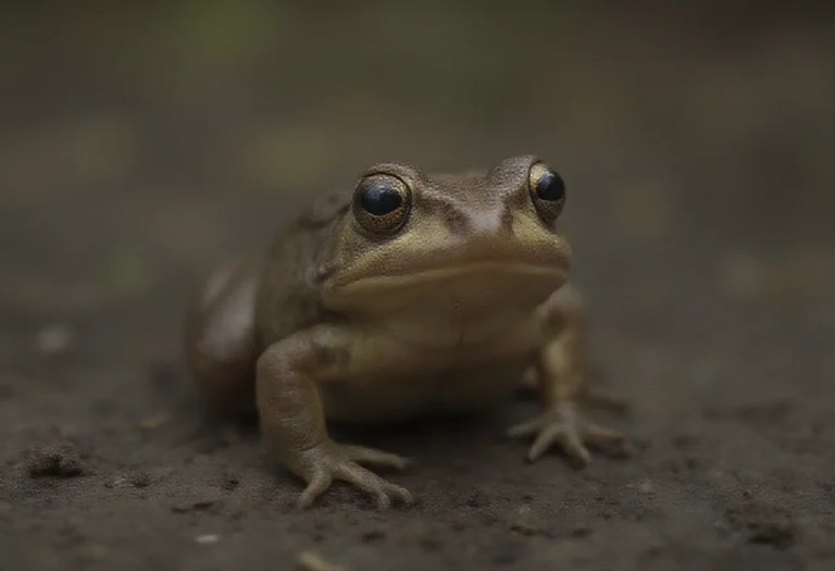 AI-generated image of a single round brown frog on damp ground