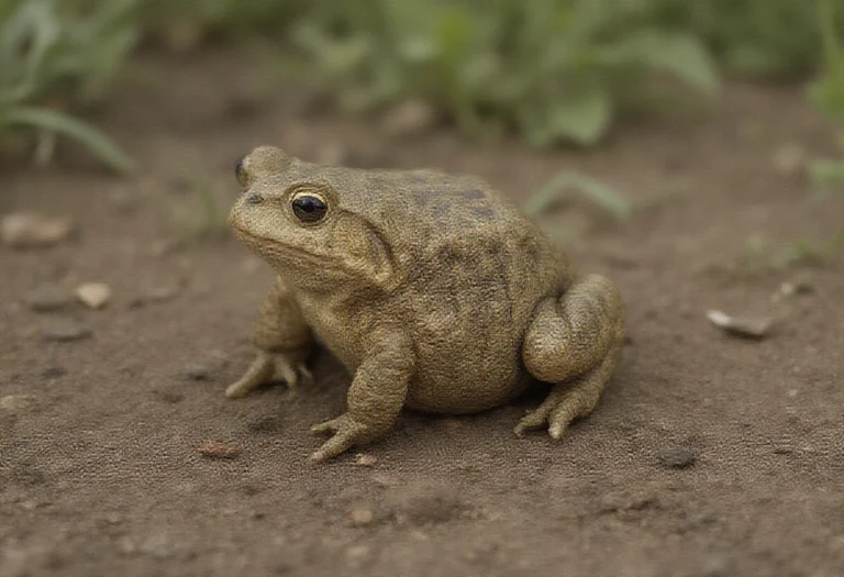 AI-generated image of a single large brown toad sitting on soil